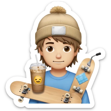 Skater Boi Boyfriend Emoji beanie, messy hair, bandaid, skateboard, iced coffee, chill eyes, sticker