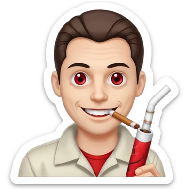 A white man with dark brown hair in a ponytail, oversized bloodshot eyes, grinning, smoking a long spliff  sticker