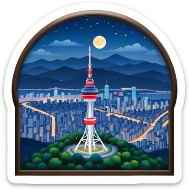 N Seoul Tower Landmark Emoji – Showing the tower atop Namsan Mountain with city lights in the background. sticker
