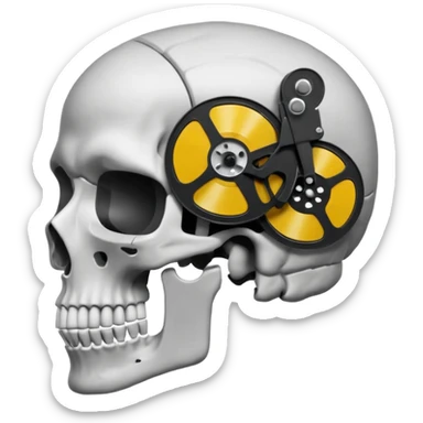Minimalist emoji-style sticker of a human skull in profile, with a film reel replacing the brain. Grayscale icon with bold silhouette.
 sticker