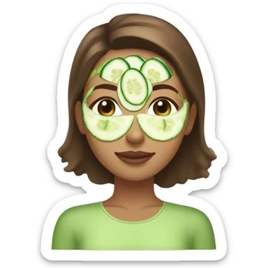 Girl with freackles Brown hair white skin Tone and blue eyes wears Green skin care mask while She relaxes and cucumber on her closed eyes sticker