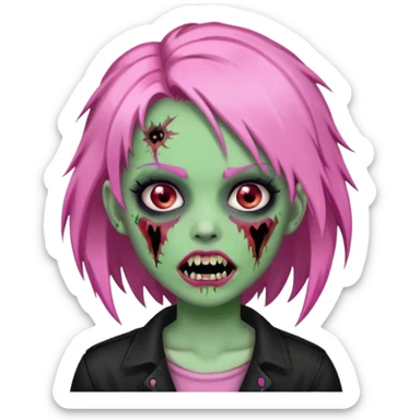 zombie girl with pink, black and green hair with fangs sticker