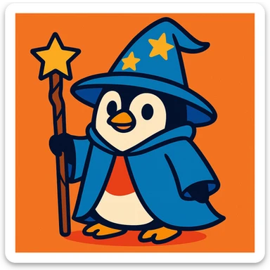 a penguin dressed as a wizard, with a pointed hat and a magic staff, in a fun and whimsical style sticker