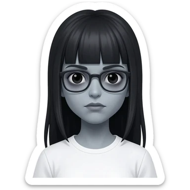 Zombie girl Memoji style, long straight black hair with bangs, grey skin, dark circles under eyes, wearing black glasses, simple white shirt, 3D render." sticker