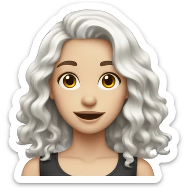 White girl with dark wavy hair and smiley face sticker