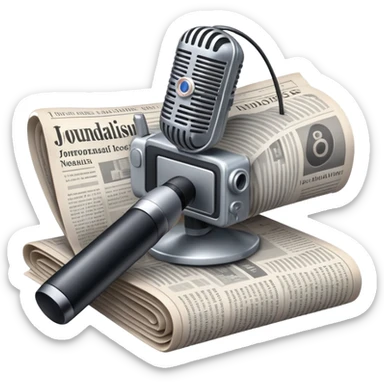 An icon featuring a microphone, a newspaper, and a camera, representing journalism and mass media. The design includes soundwaves and headlines, symbolizing the spread of information and news. Transparent background highlights the power of communication and media. sticker
