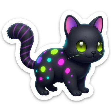  cute adorable pitch-Black-coated fur with glowing bioluminescent random colorful neon-markings divine beautiful elegant pretty precious cute young youthful  Fakémon-Pokémon-alien-opossum-feline-serval-caracal-chinchilla-Minccino-hybrid-creature with a big fluffy bushy striped tail (full body) sticker