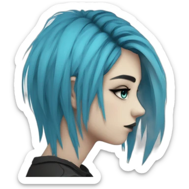 Side profile sad emo girl, black makeup, long choppy blue hair side bangs sticker