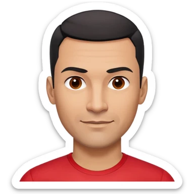 Robust athletic man in his 40s with light brown skin tone, very short black hair with modern fade haircut, strong square face with pronounced cheekbones, thick eyebrows, wide nose, medium lips with friendly smile, wearing red fitted athletic shirt sticker
