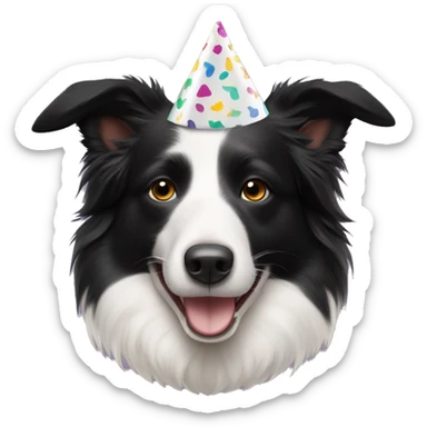  The Australian Border Collie has a face that is black on one side: and white on the other. She is wearing a party hat. sticker