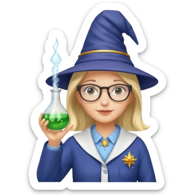 woman scientist with glasses, wearing wizard hat custome, with glass vase sticker