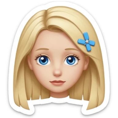 blonde girl, blue eyes with clips in hair and big forehead sticker