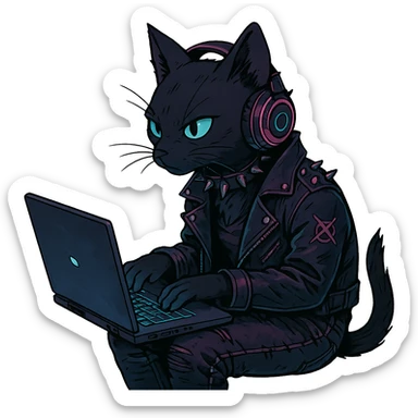  [[[it's a black cat typing at a laptop]]], , punk gothic style, futuristic cyberwave cyberpunk, sitting position
 sticker