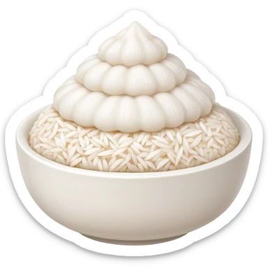 A cute white bowl of steaming rice piled high like a small mountain (korean style gobongbap), pure white rice,  sticker