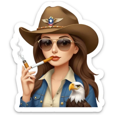 Country woman in cowboy hat with long brown hair with sunglasses with bald eagle on her arm and a cigarette in her mouth  sticker