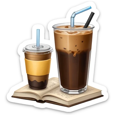 Iced coffee next to book sticker