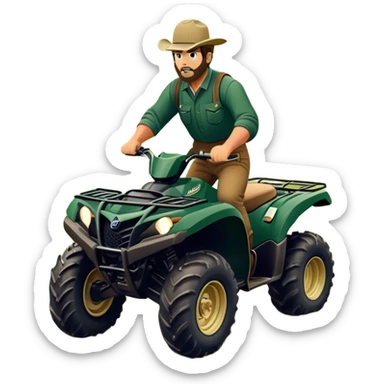 Yamaha Grizzly 700 (2019) – Cinematic-realistic Yamaha Grizzly 700 ATV, its dark green frame tearing through muddy trails. Thick off-road tires grip the rugged terrain as a farmer rides across the paddock, herding cattle with precision under a golden sunset. sticker