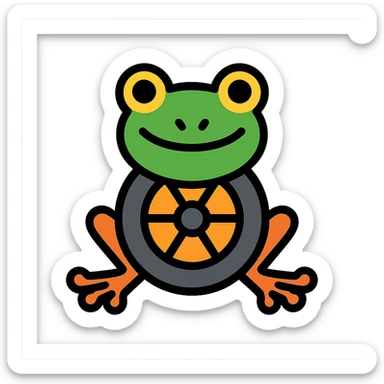 color outline icon of frog head on a tire with legs sprouting sticker