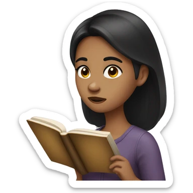 A girl with dark hair stuck her forehead in a book sticker