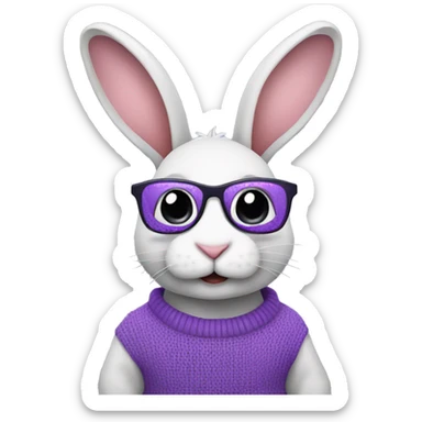 Bunny wearing a purple sweater with reflective glasses sticker