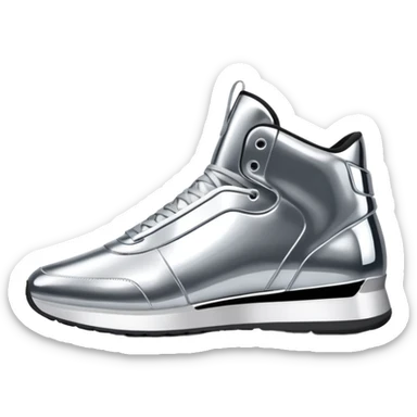 A pair of futuristic sneakers emoji made of silver chrome, sleek streetwear design, smooth metallic panels, subtle reflections, luxury swag aesthetic, iOS emoji style, centered, clean white background sticker