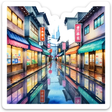 A loose, flowing watercolor painting of a Tokyo street in the rain, showing colorful reflections in puddles and glowing shop signs. sticker