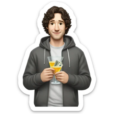 josh brener from silicon valley, realistic with hoodie holding martini in one hand and cash stack in the other sticker