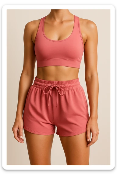 trendy activewear: pink sports bra and pink shorts, athletic and comfortable, simple background sticker