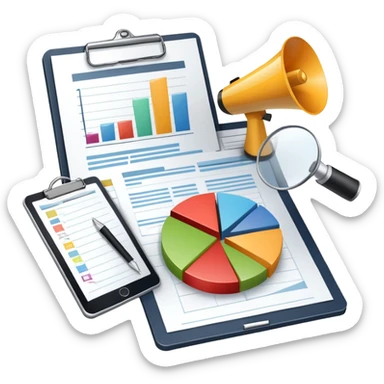 An icon featuring a pie chart, a megaphone, and a clipboard with strategy plans, symbolizing management and marketing. The design includes upward-trending graphs set against a modern office backdrop. Transparent background emphasizes business strategy and communication. sticker