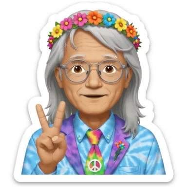 elderly man with long grey hair, glasses, peace sign necklace, tie-dye clothing, flower crown sticker