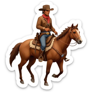 An icon representing an adventure game, inspired by Red Dead Redemption II. The design features a rugged cowboy riding a horse through a vast, open landscape with mountains, deserts, and wild animals. The atmosphere conveys exploration, action, and the thrill of the journey. Transparent background sticker
