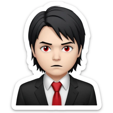 Gerard Way (Revenge Era)
Round, simplified emoji style
Pale skin tone
Jet-black, shoulder-length hair messy and emo
Heavy eyeliner and slight red shadow under the eyes
Subtle serious
Hint of red tie visible on black button up shirt.
Transparent background. Black eyeliner. Messy emo hair sticker