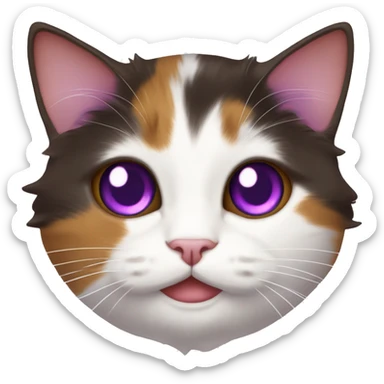 Calico cat with purple eyes and white pupils, dark brown, red, and white color, Munchkin fluffy cat, purple eyes sticker