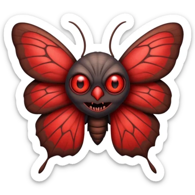 Create a scary emoji of the Mothman with bright red eyes and as depicted in the legend. Make it less bird like and more Moth / Human hybrid sticker