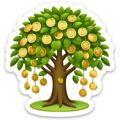 Apple-style money tree (not so mush coins), round soft green canopy.
No pot, no ground — only the tree.
Small gold coins as fruits inside the leaves (not below).
Flat 2D vector, clean shapes, no gradients.
Dark near-black background, premium fintech icon. sticker