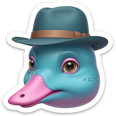 cute light blue turqiouse platypus head, mysterious with very big eyes with a detective hat and monocle on his eye, no  hands, looks like a platypus but blue, the hat and suit are pink sticker
