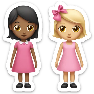 Two girls kissing one girl is blonde and is wearing a pink dress she has black hair and a pink bow the other girl is white and has brown hair with a pink bow and she wears a pink dress sticker