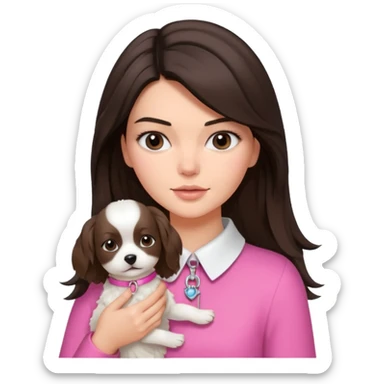 brunette woman with flowing hair Kendall Jenner lookalike holding a small white dog with a pink collar sticker