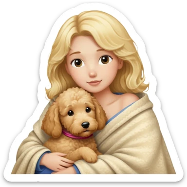 blonde girl snuggling goldendoodle in her lap under blanket sticker
