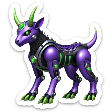 Futuristic mechanical cyborg horned modern badass cool shiny metallic alloy black-obsidian purple neon-green white lime animal hybrid Fakemon full body with intricate patterns sticker