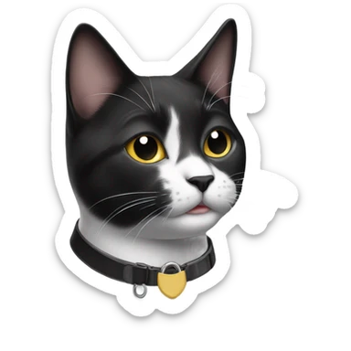 A black and white cat with a collar sticker