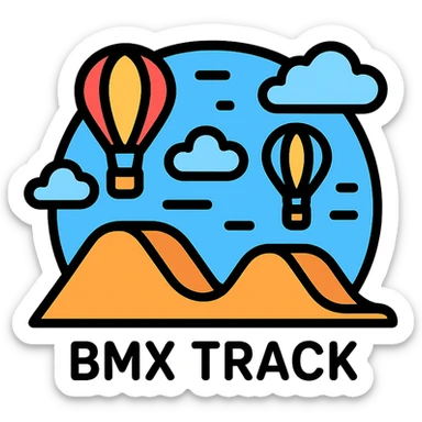 BMX track with hot air balloons in the background, clean icon style sticker
