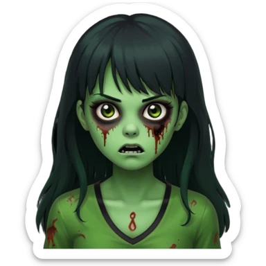 faça uma garota na forma de zumbi com a pele verde, assustada e com os olhos pretos escuros, com o cabelo preto longo e com franja e a roupa decotada preta sticker