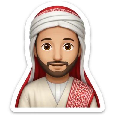 detailed iPhone-style emoji of a Saudi man, soft cartoon face, short beard, brown eyes, calm smile, in white thobe and red-and-white shemagh with black agal, both hands visible sticker