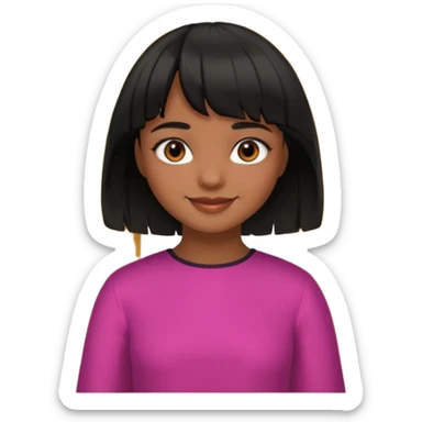 Girl that has a short black hime cut with curtain bangs, then dark brown eyes, and has a bit brown skin sticker