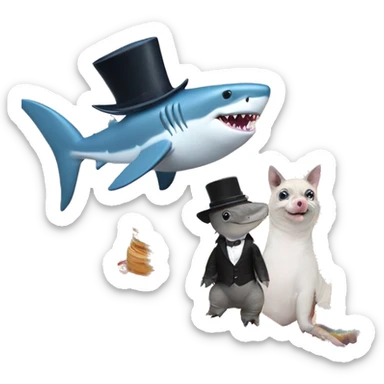 Shark with a top hat grusomly eating a rainbow pride cake at a wedding with horse beaded pigs on a rainbow with meow meow meow meow  sticker
