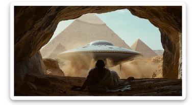 cinematic still, documentary photography, acient egypt, back shot of a man dress in ancient clothes in cave (frame in frame effect) on ground laying front of small ufo starship, palms, dynamic scane, leading lines, captured by arri alexa, depth layers, piramids in babckground sticker