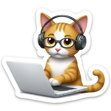 cat working on laptop with headphone sticker