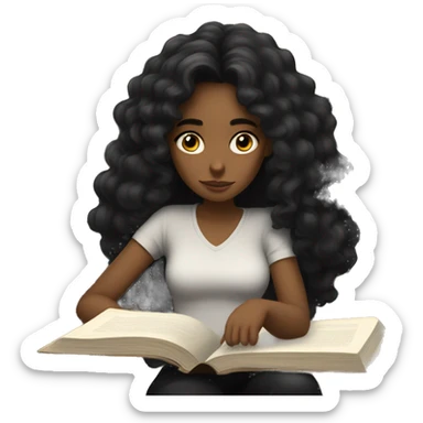 a girl in black clothes with long dark curly hair who is reading a book and thinking about sleep sticker