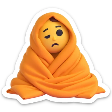 slouched tired emoji character wrapped in blanket on couch, heavy eyelids, looking unmotivated, thought bubble saying 'pfff…' sticker